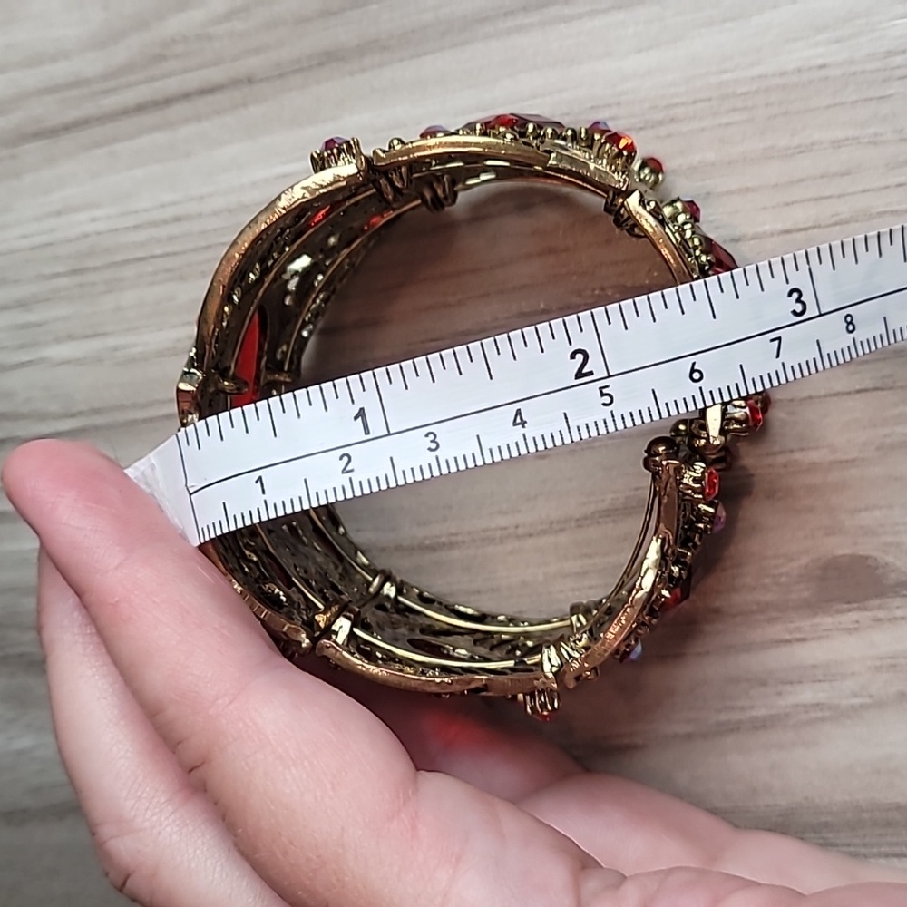 Victorian Revival Gold Tone Cuff Bracelet | Red Rhinestone Statement | Filigree - Picture 5 of 7